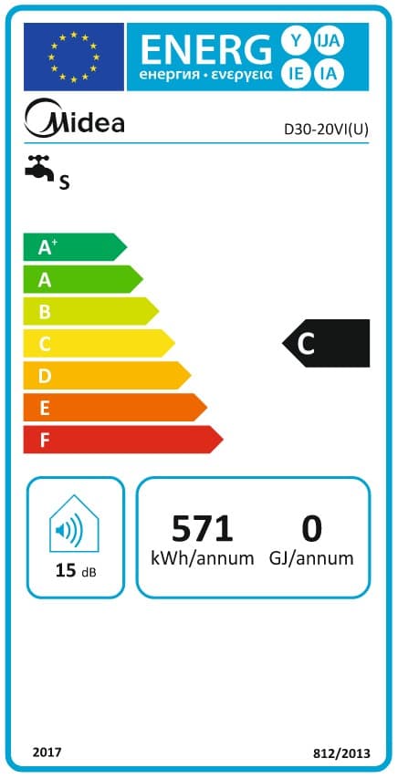 Elektrisk varmvattenberedare Midea Salute Xpress 30 l, Röranslutningar uppåt