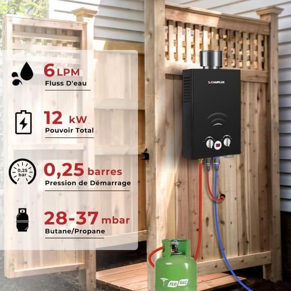 Camplux BW158BC Gas Vattenvärmare 6 Liter utan Tank, med Regnskydd, Propan eller Butan, 12kW, Svart Energiklass