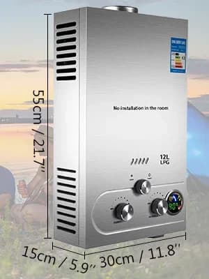 Tanklös propanvattenvärmare, flera utgångsalternativ, konstruktion i rostfritt stål,12L 24KW