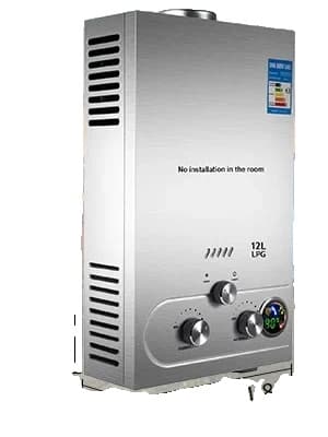 Tanklös propanvattenvärmare, flera utgångsalternativ, konstruktion i rostfritt stål,12L 24KW