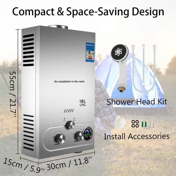 LPG Vattentanklös Värmare, Kompakt Design, Hög Effektivitet,18L 36KW