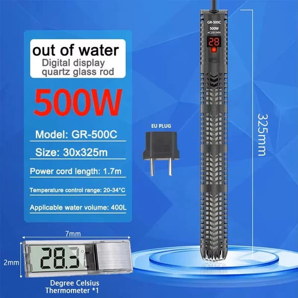 Akvaariolämmitystanko, Digitaalinen näyttö, 500W / 300W, EU-pistoke,500C ja Hopea THE