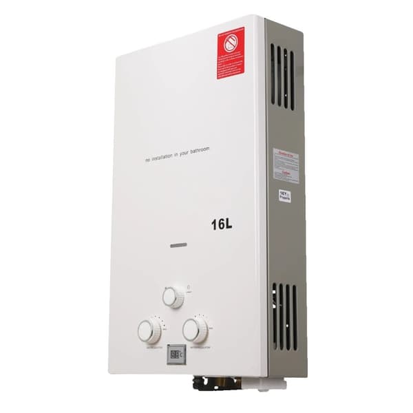 16 litran lämminvesivaraaja, 32 kW teho, LPG-propaasikaasu,valkoinen, 16L