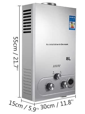 Propaanivesilämmitin, säiliöttömä muotoilu, ruostumattomasta teräksestä valmistettu sarja, 8L 16KW