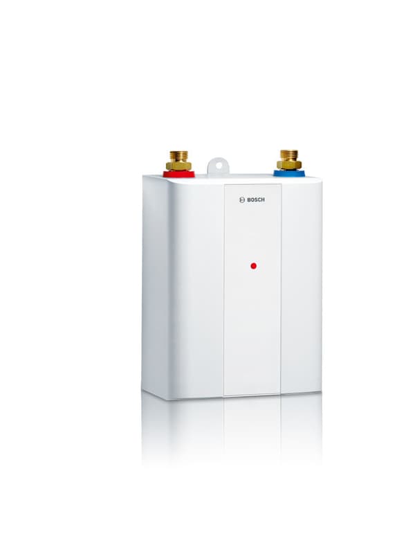 Elektronisk styret enfaset gennemstrømningsvandvarmer Bosch Tronic TR4000 6 ET med en effekt på 6,0 kW 230 V, undervandsbassin