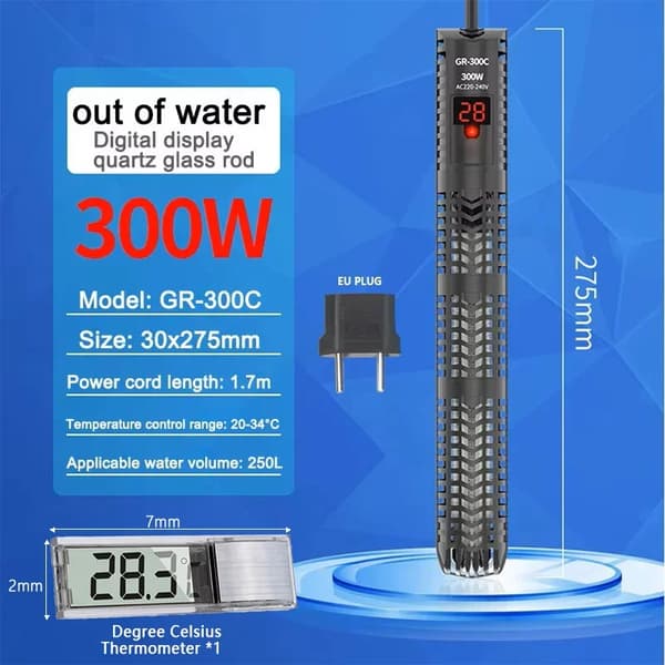 Akvariumvärmare, Digital Display, Automatisk Termostat,300C och Silver DET
