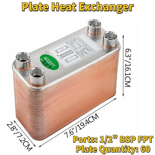 60 plattor lödd plattvärmeväxlare med dedikerad 1/2" BSP FPT-port, hög termisk effektivitet, låg energiförbrukning, bred applikation