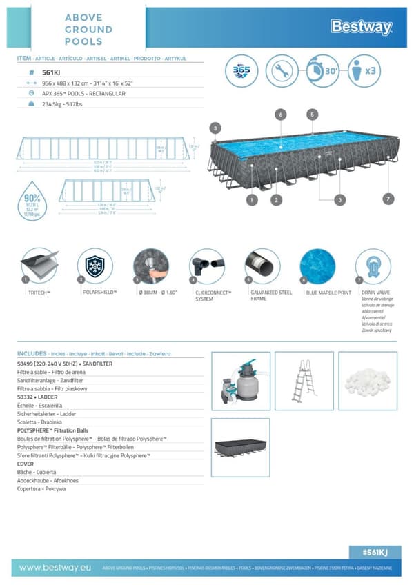 Bestway APX 365 Rektangulär pool 956 x 488 x 132 cm