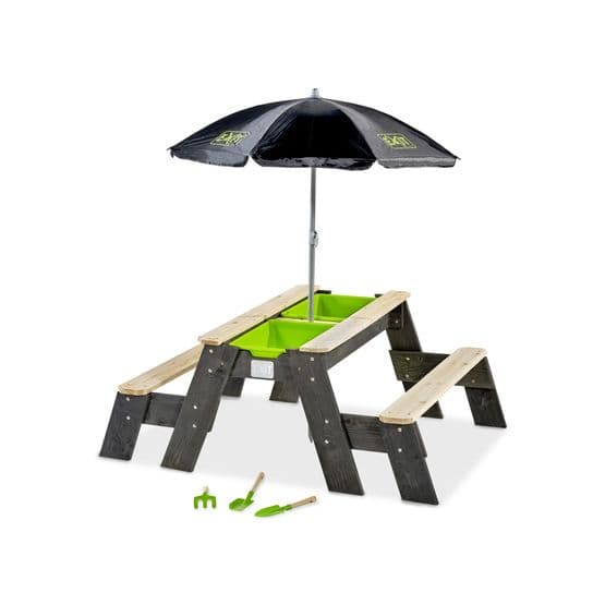 Exit Aksent Sand, Vatten Och Picknickbord (2 Bänkar) Med Parasoll Och Trädgårdsredskap