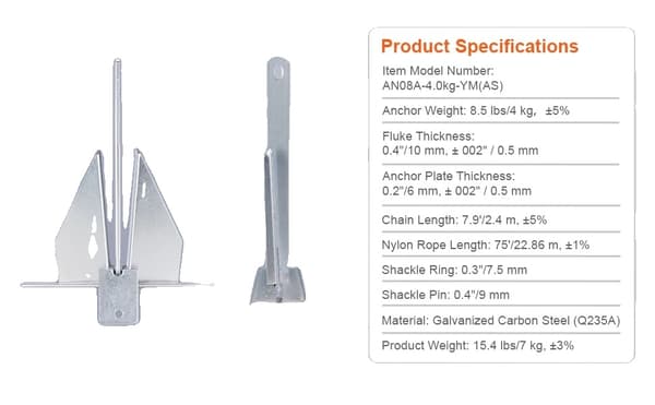 Anker Kit, 13 LBS Vægt, Galvaniseret Stål, 8,5 pund 8.5pound