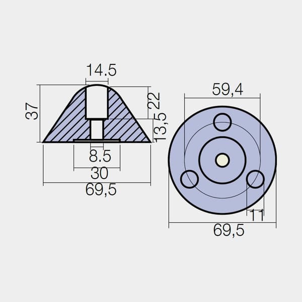 Zinkanod Tecnoseal, för propeller, passar Flex o flod propeller, Ø8.5/14.5 mm/Ø69.5 mm
