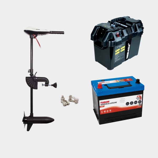 Elmotorpaket Fladen F 46, 450 W, 91 cm justerbar rigglängd, med bly-batteri (80 Ah) + batterilåda + kabelskor