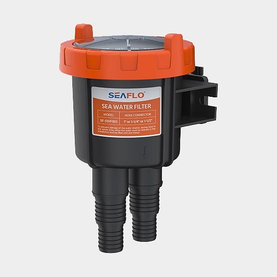 Sjövattenfilter SEAFLO Sea Water Filter 03, plast, 91 - 200 liter/min, 1" (25 mm) / 1 1/4" (32 mm) / 1 1/2" (38 mm) slang, svart/orange