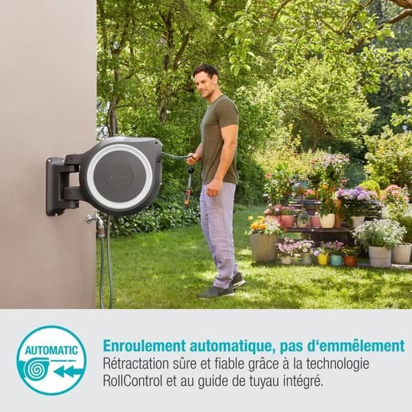 GARDENA Väggmonterad automatisk slangrulle RollUp L 30 m med vit kant