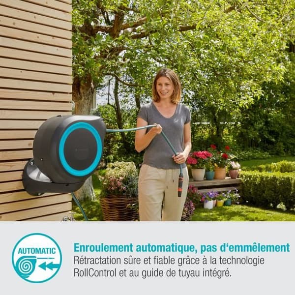 GARDENA Väggmonterad automatisk slangrulle RollUp S 15 m blå rand