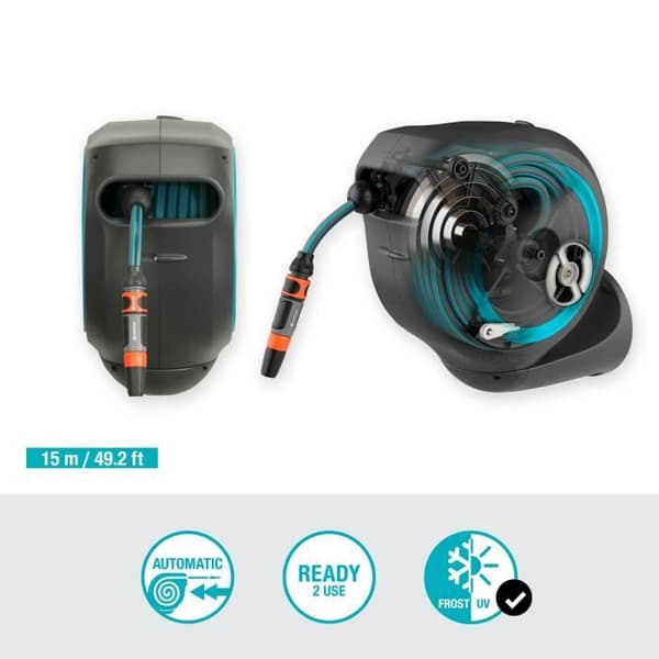 GARDENA Väggmonterad automatisk slangrulle RollUp S 15 m blå rand