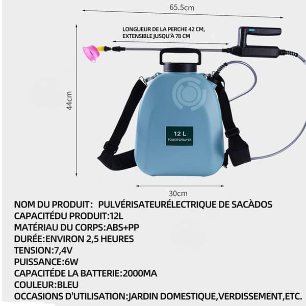 INN elektrisk ryggsäcksspruta 2000 mah batteri 12L trädgårdsspruta med 4 justerbara munstycken och Type-C datakabel