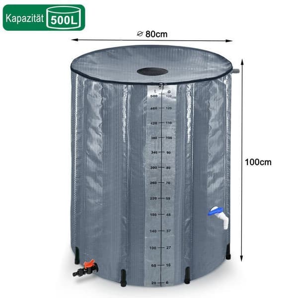 YUENFONG Hopfällbar regnvattentank 500 l Vattenuppsamlare PVC-tank - För att samla upp regnvatten - Grå