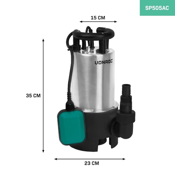 VONROC Dränkbar Pump för Smutsigt Vatten - 850W, 14m³/h Kapacitet, Rostfritt Stål, Flottör, För Dammar och Källare