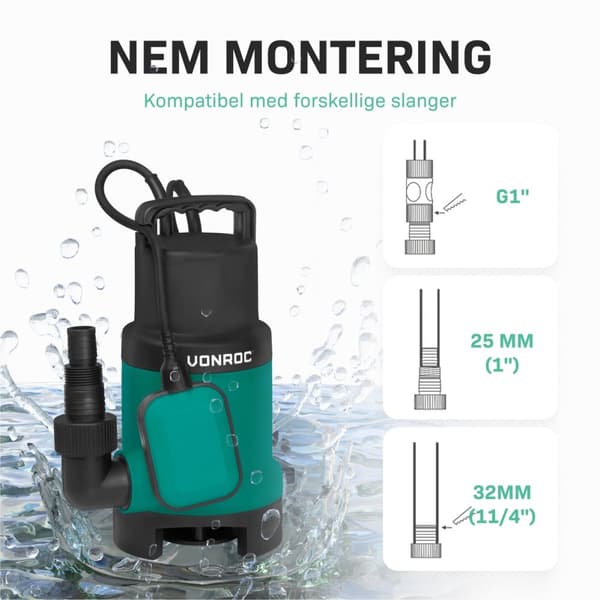 VONROC Dykpumpe - pumpe - 900W - 16000l/h | Til snavset og rent vand