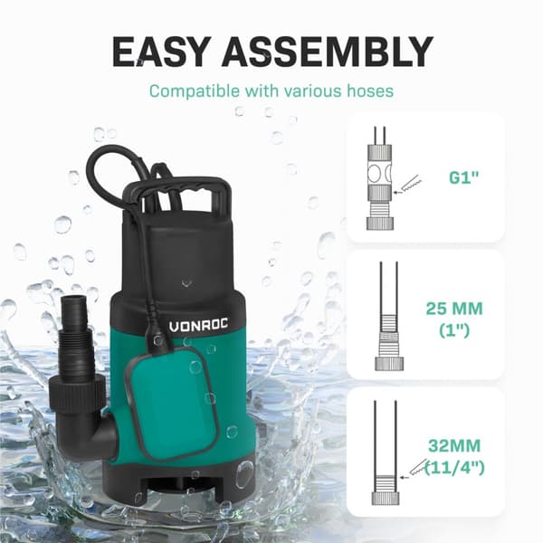 VONROC Dränkbar pump 750W – 14000 L/h | Smutsigt och rent vatten
