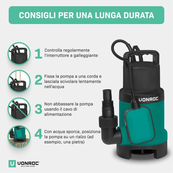 VONROC Dränkbar pump 750W – 14000 L/h | Smutsigt och rent vatten