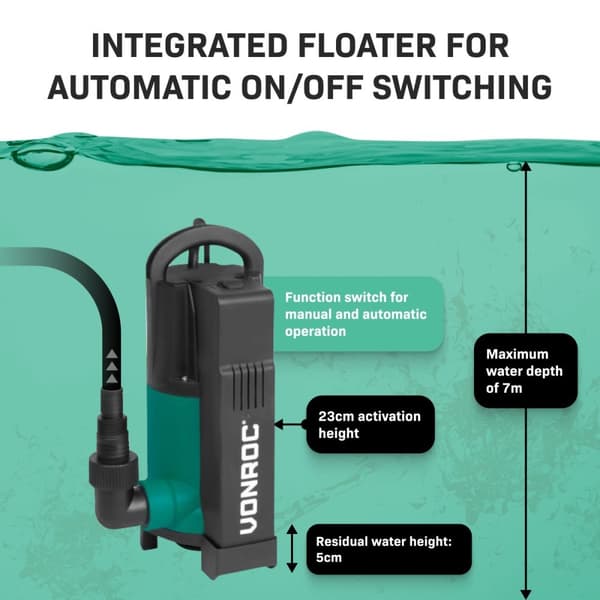 VONROC Dränkbar Pump för Smutsigt Vatten | 14,000 L/h | Flottörbrytare | För Dammar, Källare, Simbassänger, Max 7m Djup