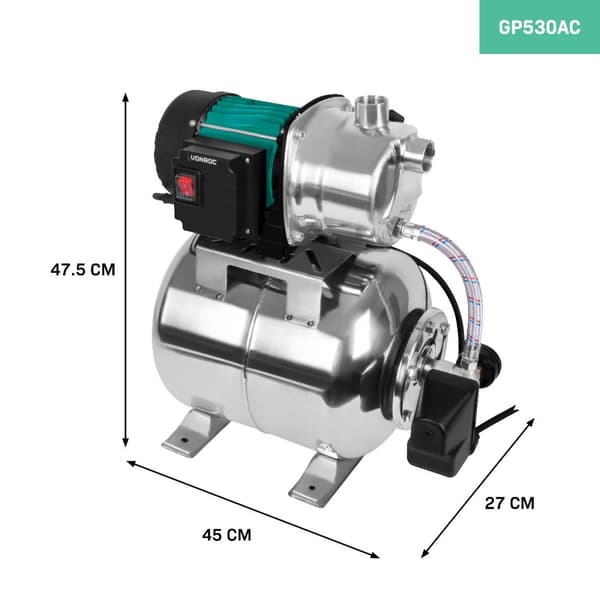 VONROC Husvandværk - Vandpumpe - hydrophore pumpe / Automatisk pumpe | Rustfri stål | sæt med trykafbryder - 800W  | 3300l/h