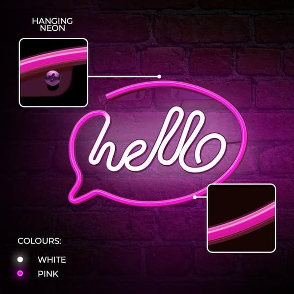 Forever Light LED Neon HELLO Bat FLNE15 + USB - Rosa/Vit