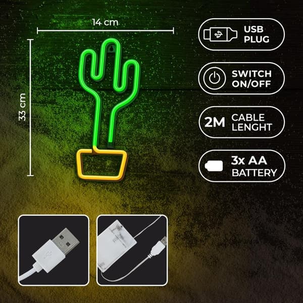 Forever Light LED Neon CACTUS Bat FLNE02 + USB - Orange/Grön
