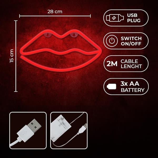 Forever Light LED Neon LIPS Bat + USB FLNE08 - Röd