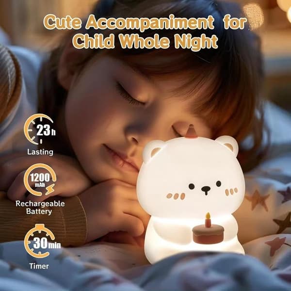 LED Nattlampa Tryck Birthday Teddy Bear Art Deco - Vit