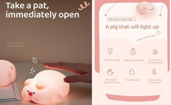 LED Nattlampa Tryck Pig Art Deco - Rosa