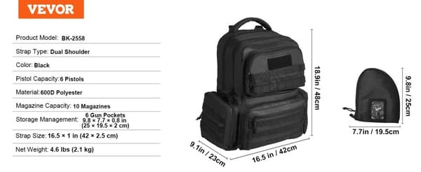 Vevor Taktisk Rygsæk til Skydning, 6 Pistol Kapacitet, 10 Magasin Opbevaring,Sort 42x23x48CM