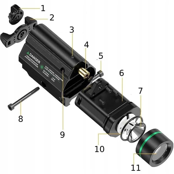 Taskulamppu VIHREÄ LASER 1000lm TÄHTÄIN PISTOOLIIN ASG GLOCK ASE Picatinny