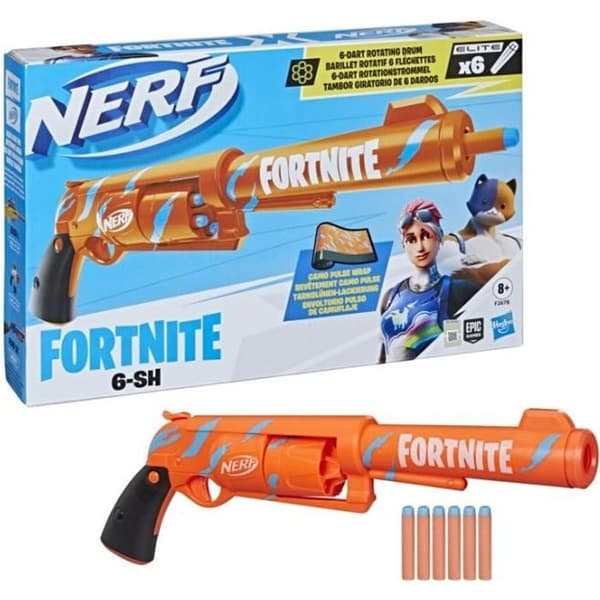 NERF - Fortnite - Blaster 6 -SH med Camo Pulse beläggning - slagstiftsmekanism - roterande pipa - 6 NERF pilar - Elit