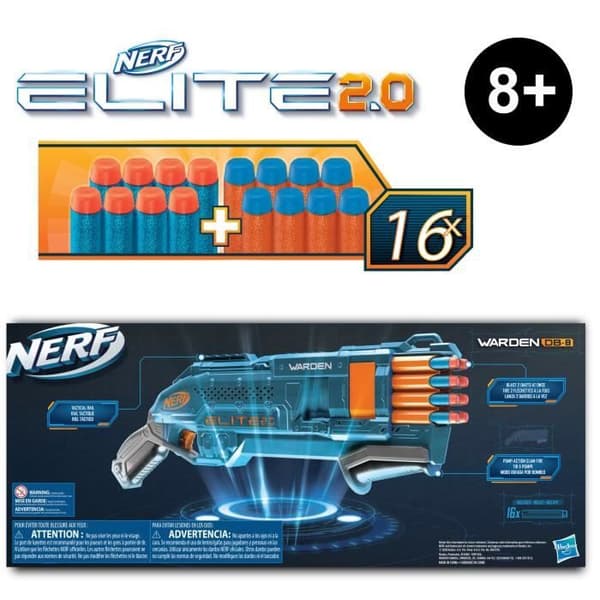 NERF - Elite 2.0 - Blaster Warden DB-8 16 NERF pilar - skjut 2 pilar samtidigt - taktisk räls för att anpassa