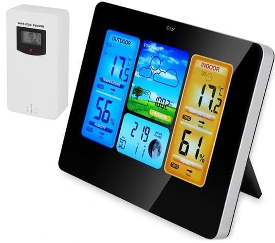 Sääasema LCD-värinäytöllä, lämpötila, ilmankosteus, ilmanpaine jne.