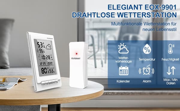 ELEGIANT EOX-9901 Elektronisk termometer Hygrometer Multifunktionelt trådløst HD glas vejrstation vækkeur