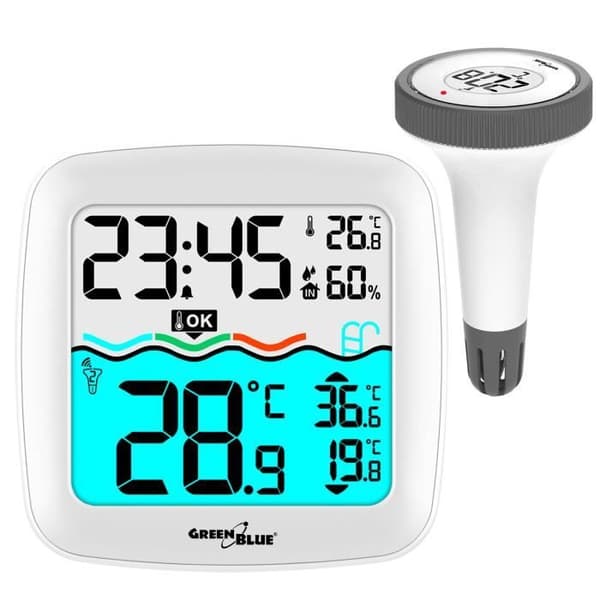 GreenBlue pooltermometer väderstation, 60 m räckvidd, flytsensor, temperatur, tid, kalender, DCF, GB216