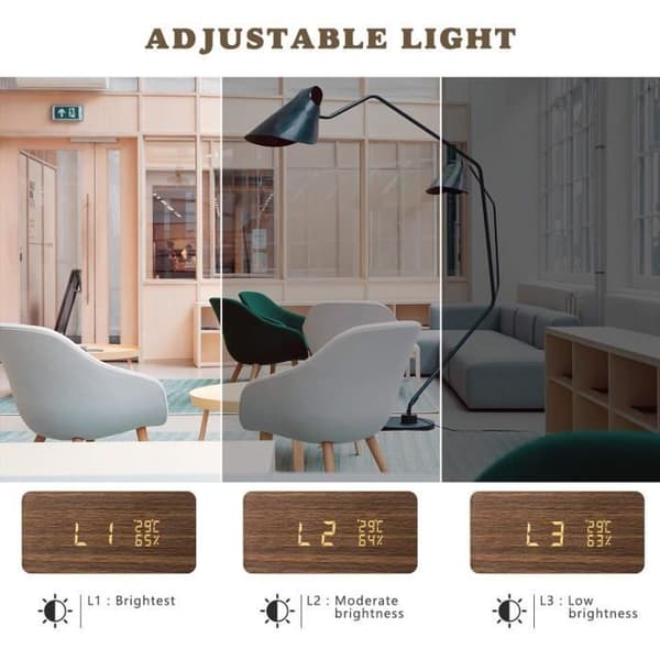 Digital väckarklocka i trä med LED USB Digitala klockor 3 nivåer av justerbar ljusstyrka
