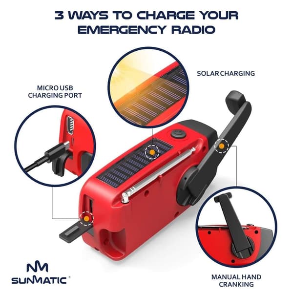 Vevradio med Solceller, LED Ficklampa och 2000mAh Powerbank SOS SUNMATIC - Väderradio för hem- och campingnödsituationer med AM/FM-radio