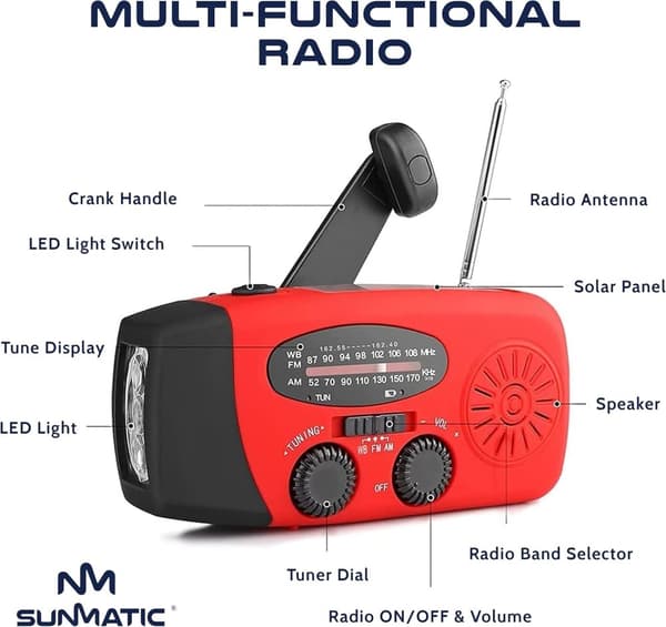 Vevradio med Solceller, LED Ficklampa och 2000mAh Powerbank SOS SUNMATIC - Väderradio för hem- och campingnödsituationer med AM/FM-radio