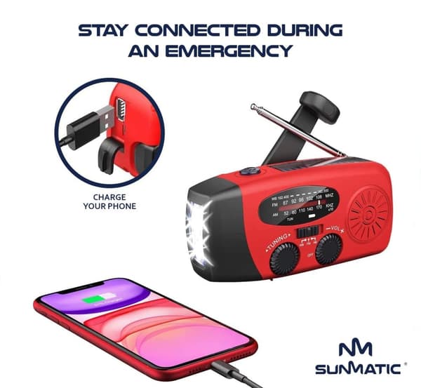 Vevradio med Solceller, LED Ficklampa och 2000mAh Powerbank SOS SUNMATIC - Väderradio för hem- och campingnödsituationer med AM/FM-radio