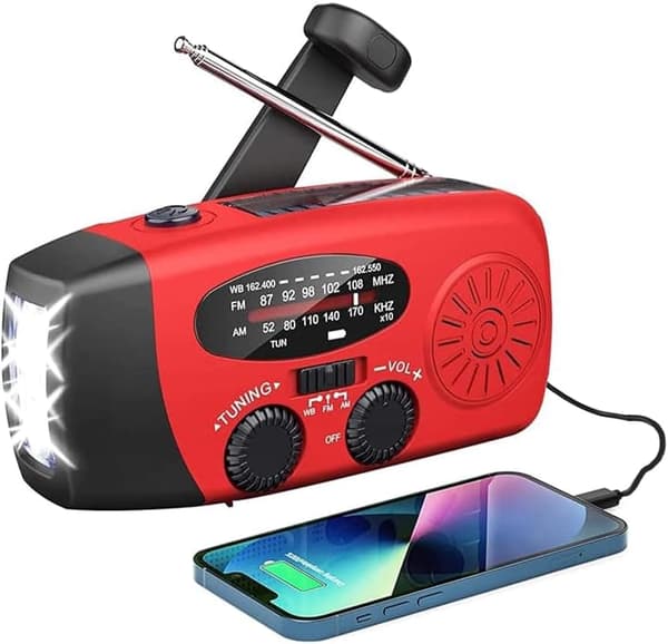 Vevradio med Solceller, LED Ficklampa och 2000mAh Powerbank SOS SUNMATIC - Väderradio för hem- och campingnödsituationer med AM/FM-radio