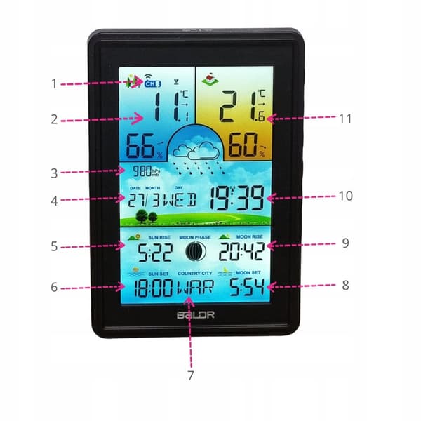 VEJRSTATION BALDR TRÅDLØS BAROMETERTERMOMETER LCD-FARVE