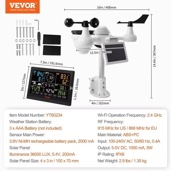 Wi-Fi Väderstation, 7-i-1 Sensor, 7,5" Färgdiskdisplay,YT60234