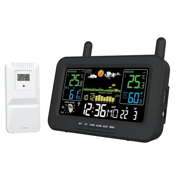 Wifi Digital Vejrstation Ur, Indendørs/Udendørs Temperaturinterval -9,9 ℃ til +60 ℃, Luftfugtighedsvisning 20% RH til 95% RH,sort EU