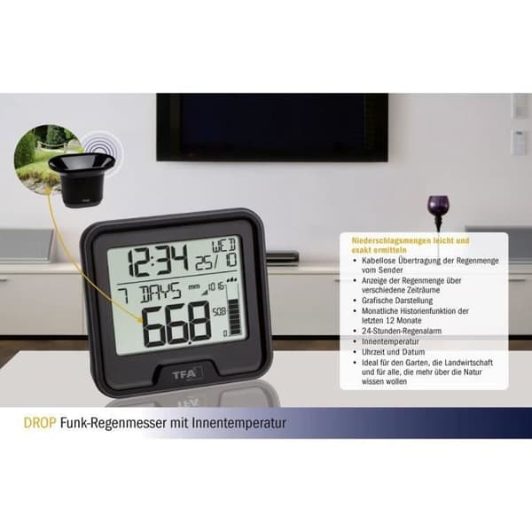 Regnmätare TFA Dostmann Funk-Regenmesser DROP 47.3005.01 - Svart - Inomhus - Vuxen - Unisex