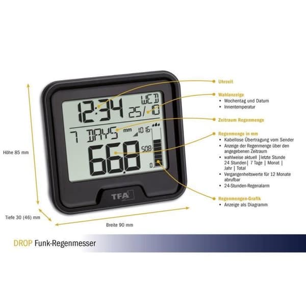 Regnmätare TFA Dostmann Funk-Regenmesser DROP 47.3005.01 - Svart - Inomhus - Vuxen - Unisex